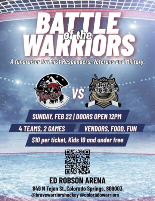 Battle of the Warriors hockey fundraiser at Ed Robson Arena in Colorado Springs supporting veterans, military, and first responders. Beaton Brothers Property Experts is a proud sponsor and event participant.