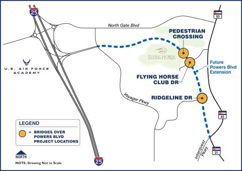 Map showing the planned Powers Boulevard Extension through the Flying Horse area in Colorado Springs, with proposed bridges and a pedestrian crossing, sourced from the City of Colorado Springs Powers Extension project.