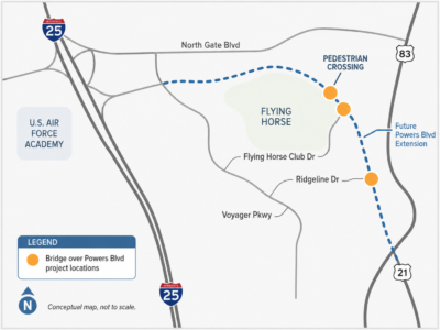 Map showing the planned Powers Boulevard Extension through the Flying Horse area in Colorado Springs, with proposed bridges and a pedestrian crossing, sourced from the City of Colorado Springs Powers Extension project.